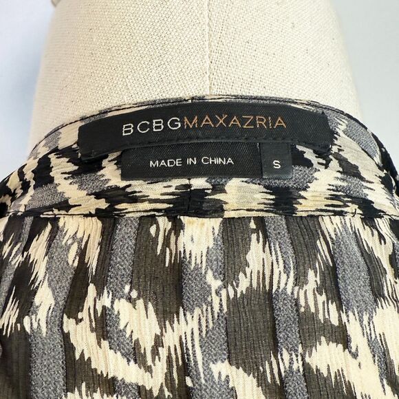 BCBG Max Azria | 100% Silk Blouse | Tie Waist Peplum | Black gray cream | Sz S - Picture 8 of 10